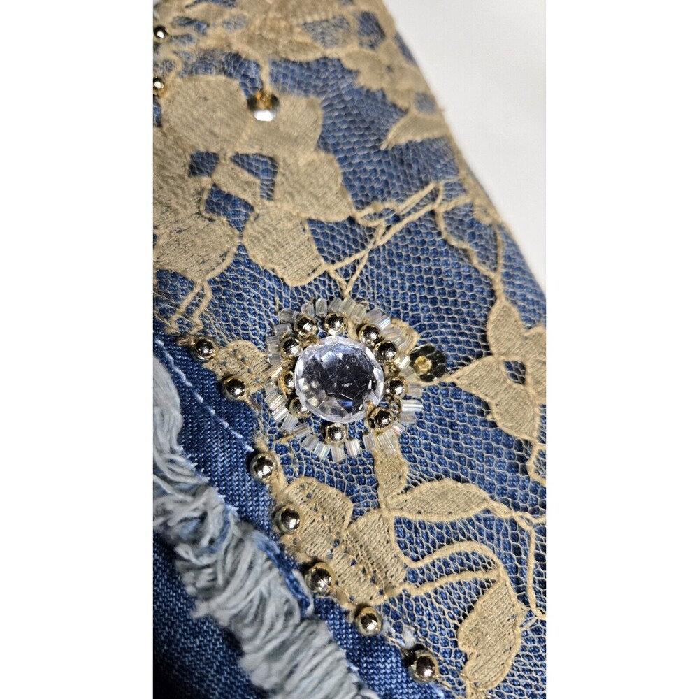 Step In Style Y2K Unique Denim Lace Studded  Rhinestone Jean Jacket Size Large - Picture 6 of 16